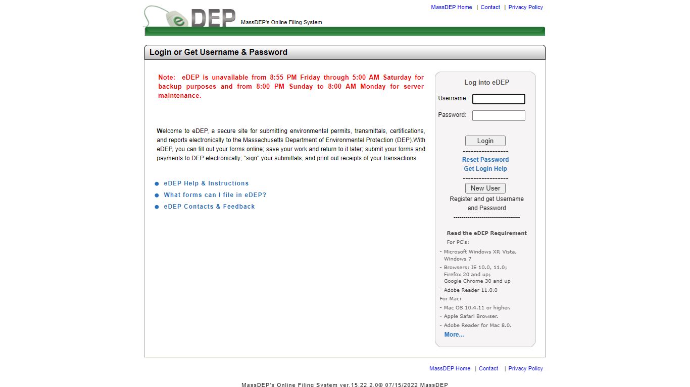 eDEP - MassDEP's OnlineFiling System - Massachusetts